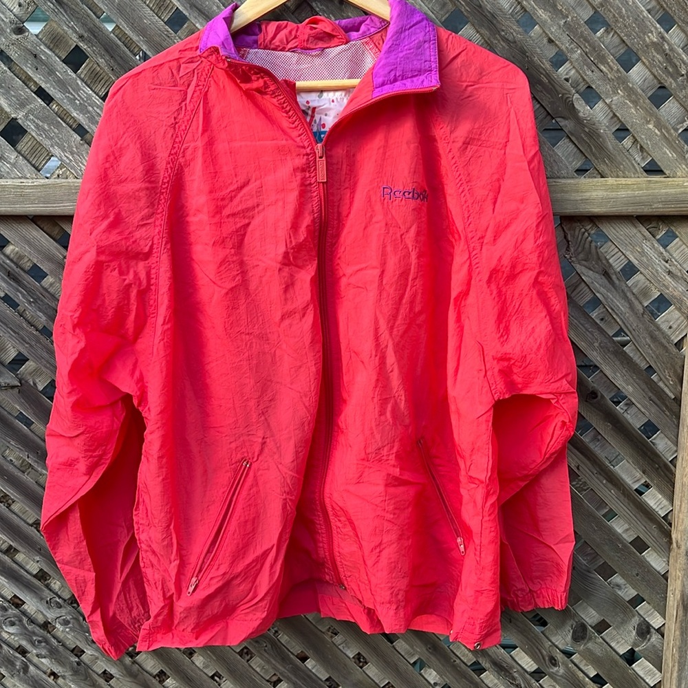 Vintage 90s Reebok Mens Medium Spell Out Hooded Windbreaker Jacket Pink Nylon